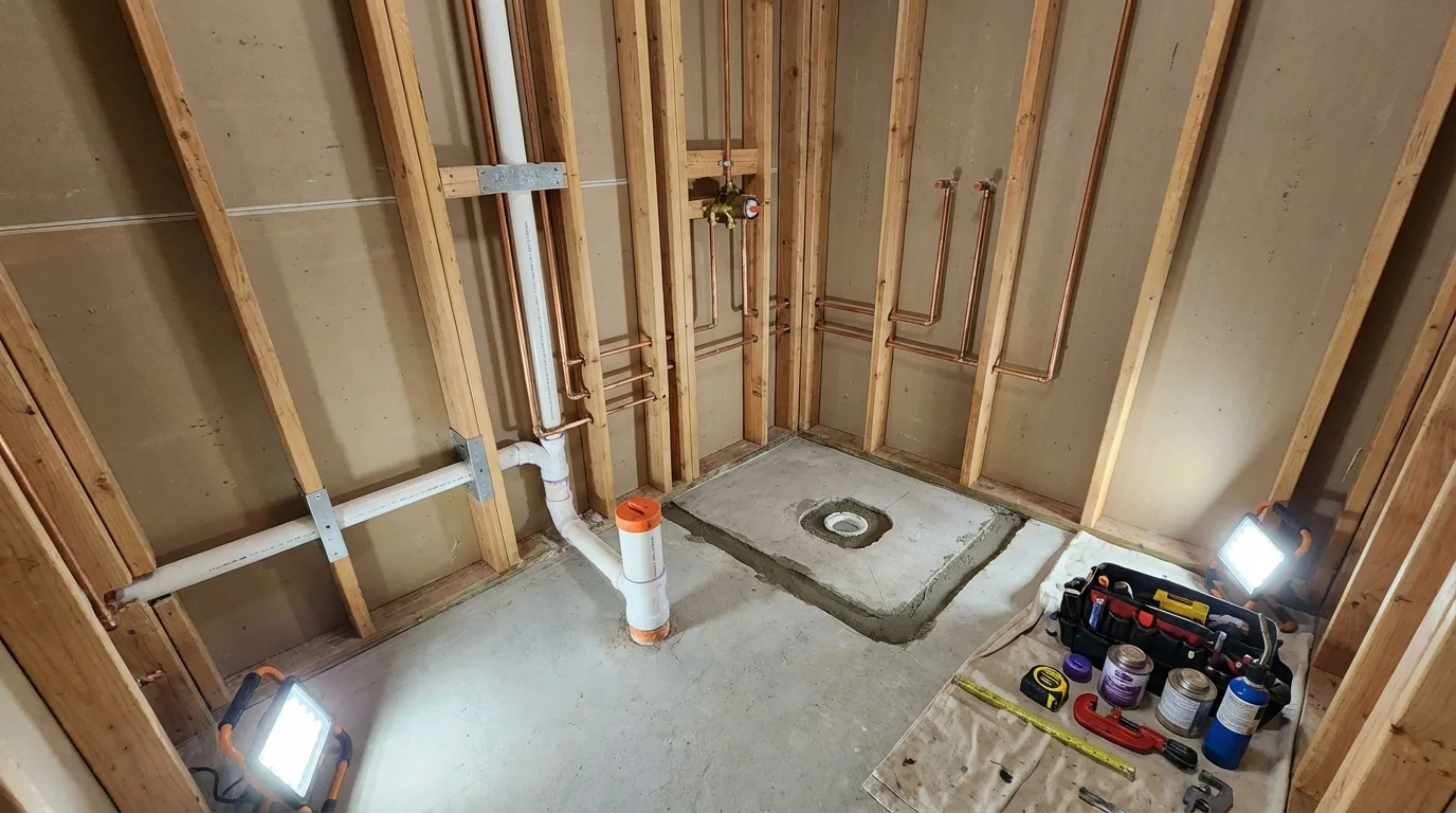 Bathroom rough-in plumbing during remodel by Johns Plumbing LLC in Mount Washington