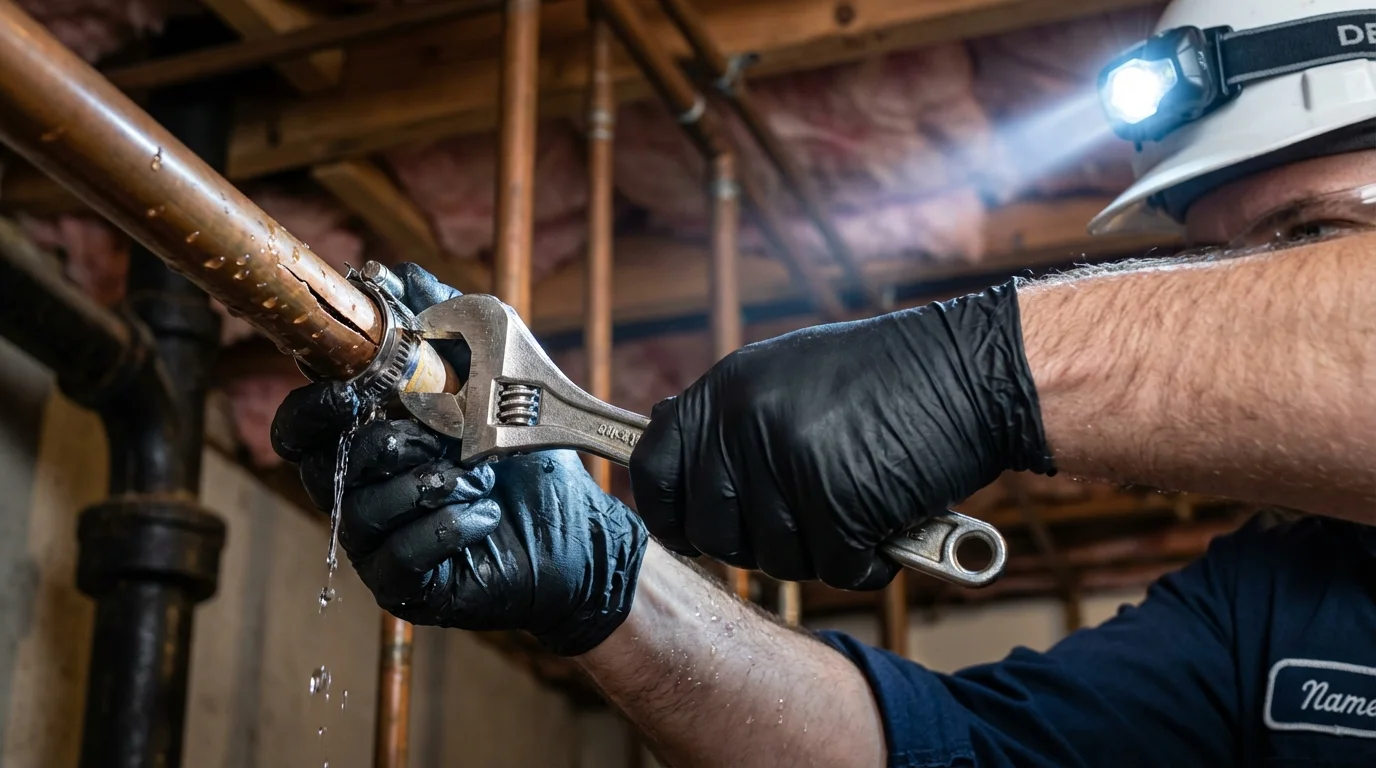 Emergency pipe clamp repair being performed by a Johns Plumbing LLC plumber in Mount Washington