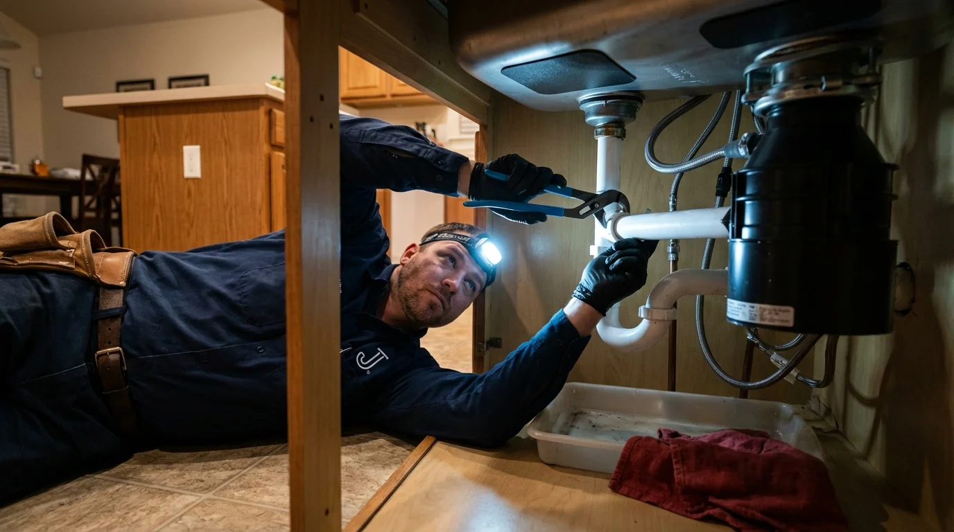 P-trap and supply line connections under a kitchen sink showing a common leak point in Mount Washington, KY